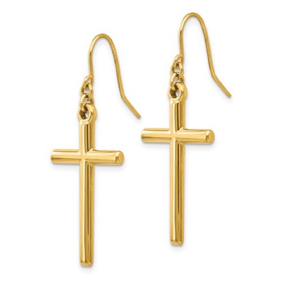14k Yellow OR White Gold Tubular Cross Shepherd Hook Dangle Drop Earrings - Picture 2 of 8